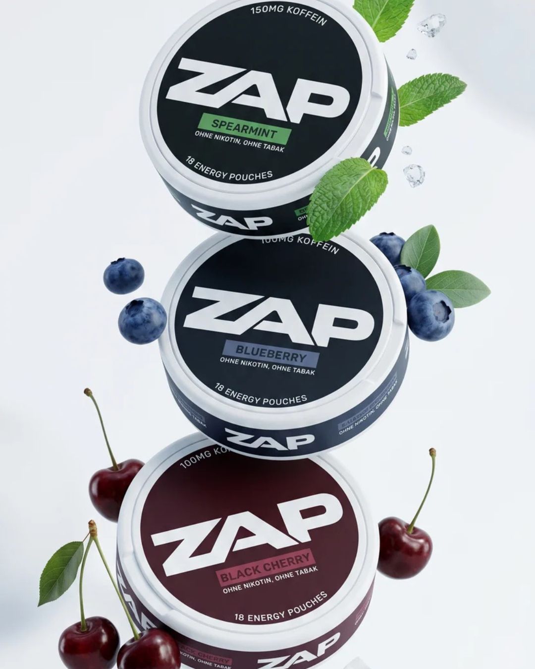 ZAP Energy Pouches 3er Bundle - Spearmint, Blueberry & Black Cherry | 100–150 mg Koffein